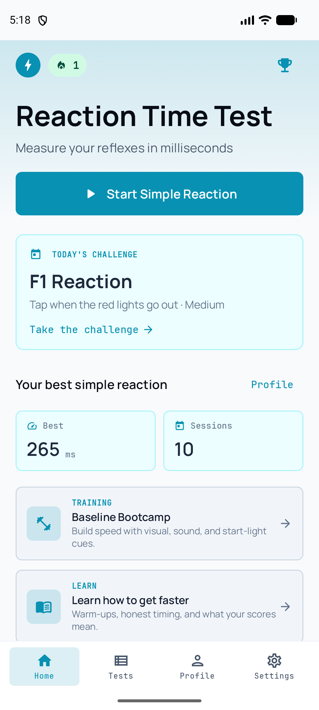 Reaction Time Test Android home screen
