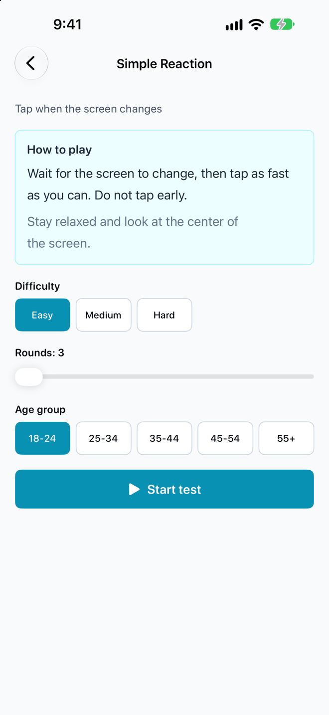 Simple Reaction setup with difficulty and age group