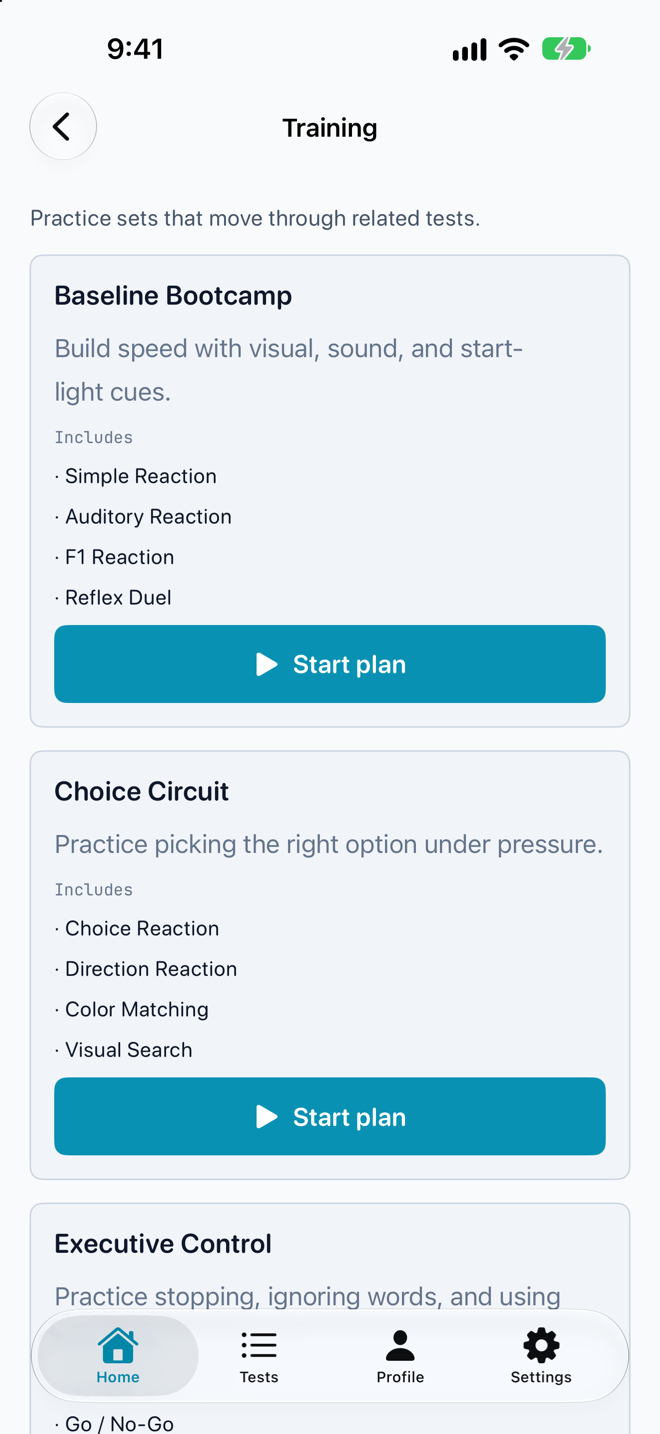 Training plans that move through related tests